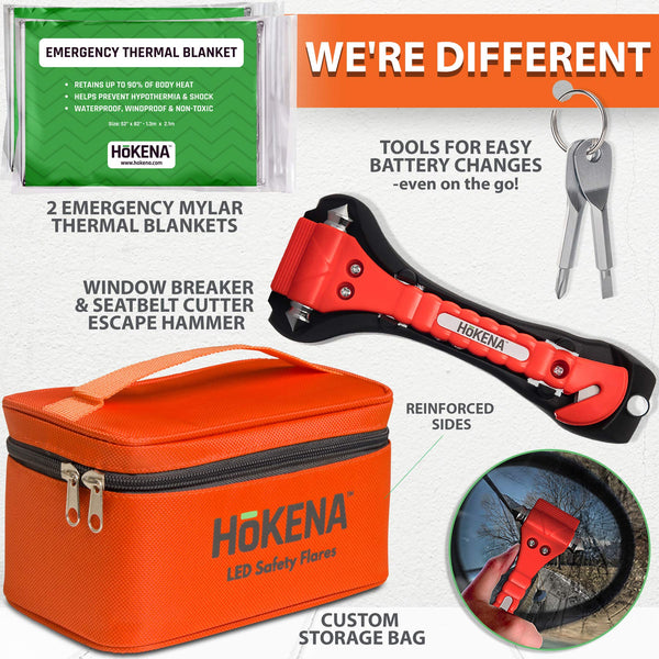 HOKENA LED Road Flares Roadside Emergency Kit - 5 Pack Roadside Safety Discs w/Emergency Blanket, Window Breaker Seatbelt Cutter Tool, Premium Road Flare Storage Bag & More