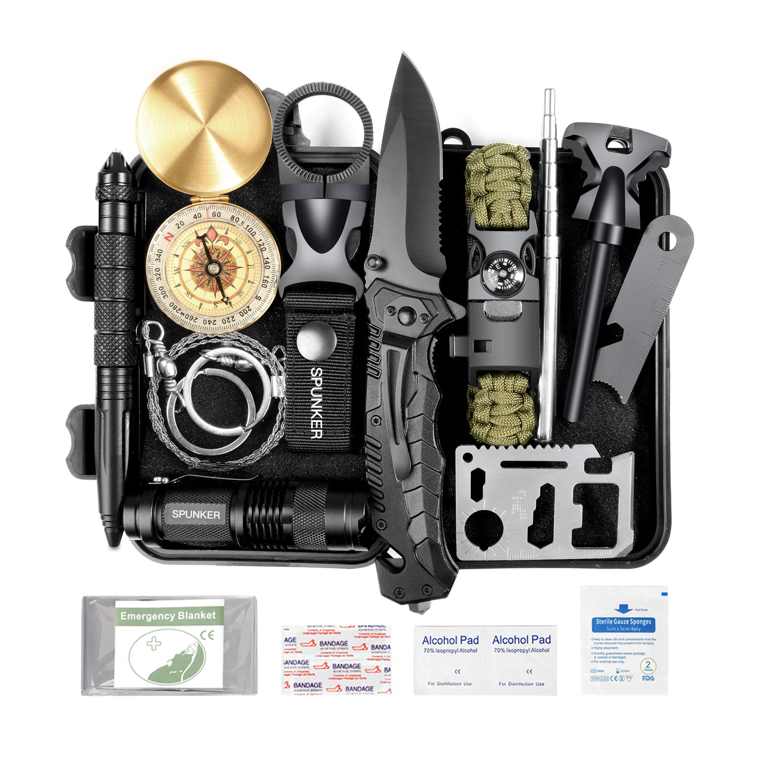 SPUNKER Survival Gear - 15 in 1 Emergency Backpack Survival Kit