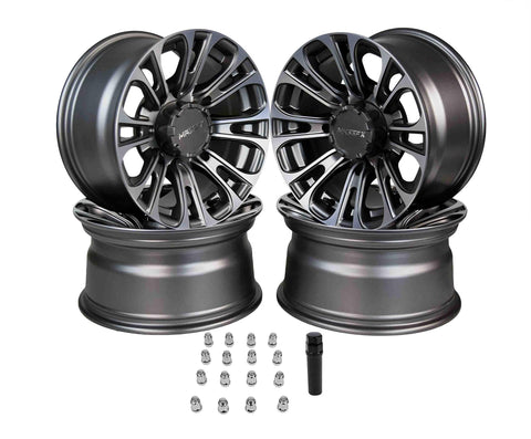 14 inch MASSFX QUAKE 14x7 4/156 ATV UTV Rims Gun Metal Grey Finish RZR Gunmetal Gray Wheels - 4 Pack with Lug Nuts