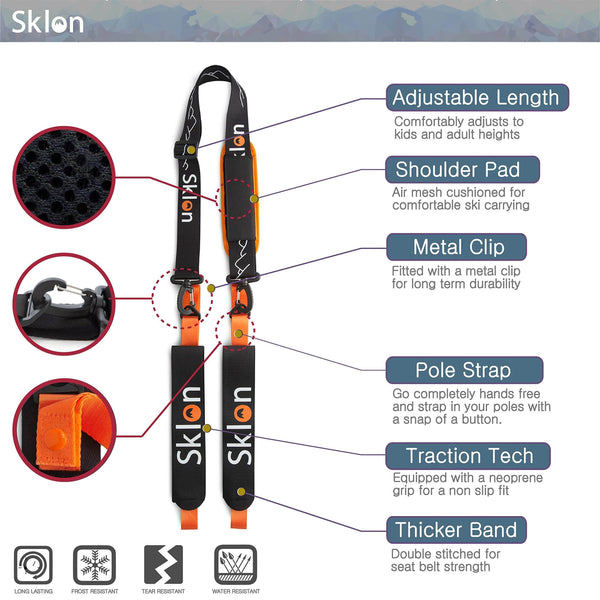 Sklon Ski Strap and Pole Carrier | Avoid The Struggle and Effortlessly Transport Your Ski Gear Everywhere You Go | Features Cushioned Shoulder Sling | Great for Families - Men, Women and Kids - Orange