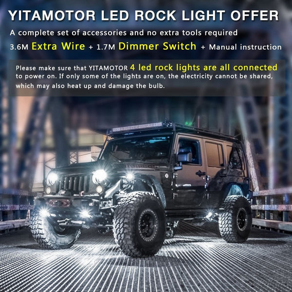YITAMOTOR White LED Rock lights for Truck Jeep, 4 Pods Wheel Well Rock Lights Kit for RZR ATV UTV Car Vehicle Boat, with 3.6M Wiring Harness + 1.7M Dimmer Switch