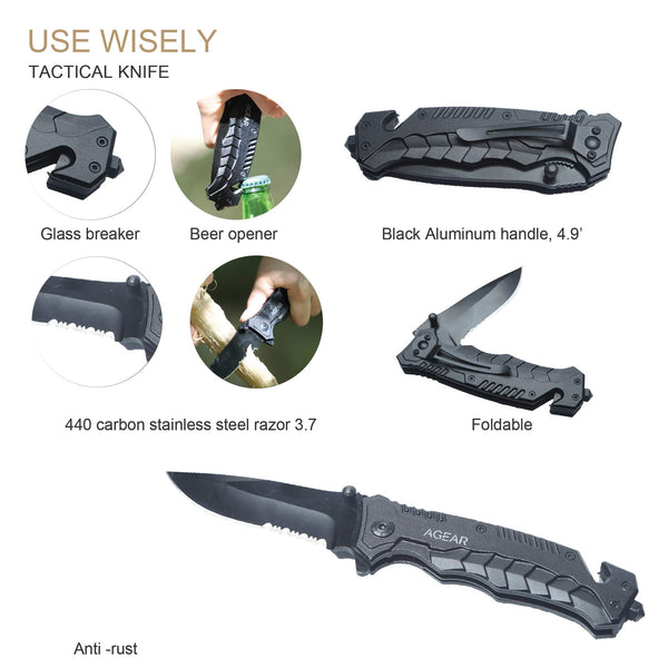 AGEAR Survival Gear with Survival Knife and fire Starter, 14 in 1 Emergency Survival kit Tactical Gear with Emergency Blanket and Compass for Hiking Tactical Gear for Men for Outdoor Adventure