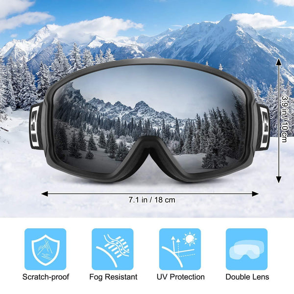 ALLROS OTG Ski Goggles Snowboard Goggles, 100% UV400 Protection Anti-Fog Lens Snow Goggles, Helmet Compatible for Men & Women