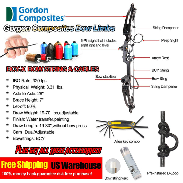 Compound Bow Ship from USA Warehouse,Topoint Archery Package,M1,19"-30" Draw Length,19-70Lbs Draw Weight,320fps IBO Limbs Made in USA (Forest camo)