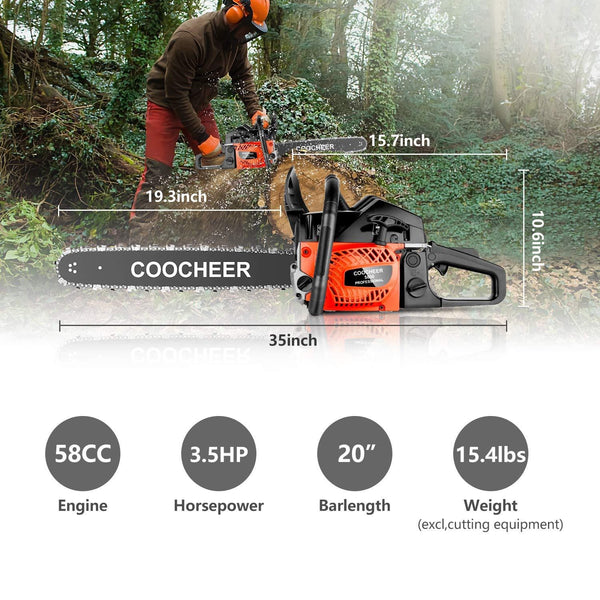 couply Powerful Gas Chainsaw, 58CC 20" Chain Saw Cordless Gas Powered Chainsaw with 2 Stroke, Handed Petrol Gasoline Saw Woodcutting Saw for Garden, Farm and Ranch with Tool Kit
