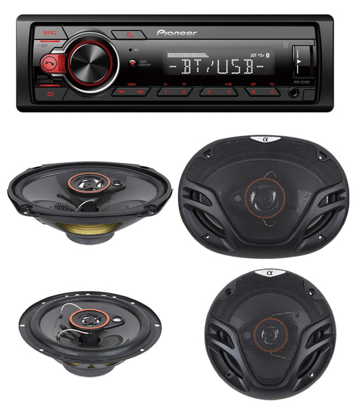 Pioneer MVH-S215BT Stereo Single DIN Bluetooth In-Dash USB MP3 Auxiliary AM/FM/Digital Media Pandora and Spotify Car Stereo Receiver with Pair of 6.5" and Pair of 6x9" Alphasonik Speakers