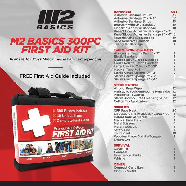 M2 BASICS 300 Piece (40 Unique Items) First Aid Kit w/Bag | Free First Aid Guide | Emergency Medical Supply | for Home, Office, Outdoors, Car, Camping, Travel, Survival, Workplace
