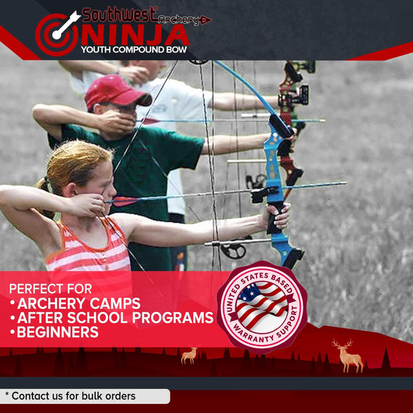 Southwest Archery Ninja Kids Youth Compound Bow Kit - Fully Adjustable 20-29" Draw 10-20LB Pull - 55% Let Off - Pre-Installed Arrow Rest - Finger Saver String - RH, Camo