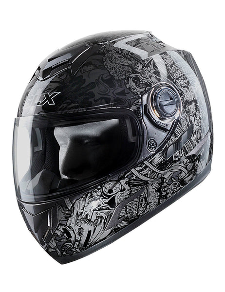 GLX Unisex-Adult GX15 Lightweight Full Face Motorcycle Street Bike Helmet with Internal Sun Visor DOT Approved (Skull, Large)