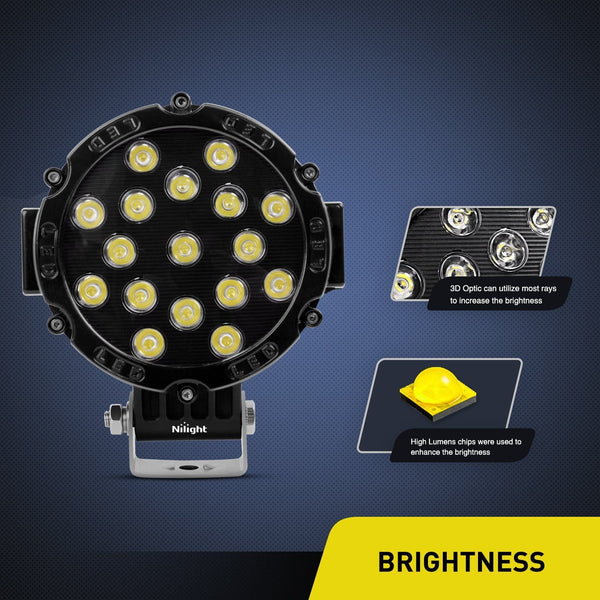 Nilight 15023SB-B Led 2PCS 7" 51w 5100LM Black Round Spot Light Pod Off Road Fog Driving Roof Bar Bumper for Jeep,SUV Truck, Hunters, 2 Years Warranty