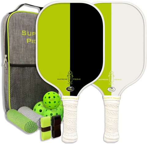 Supreme Pickle USAPA Approved Pickleball Paddles | Pickleball Set of 2 | Fiberglass, Honey-Comb Polymer Core | All-in-One Starter Set: 2 Paddles, 4 Balls, 2 Grips, 2 Towels, 1 Bag | All-Skill-Levels