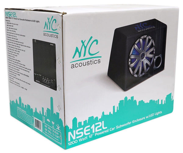 NYC Acoustics NSE12L 12" 1200W Powered/Amplified Car Subwoofer/Sub Enclosure+LED
