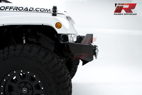 Razer Auto Black Textured Rock Crawler Stubby Front Bumper with OE Fog Light Hole, 2x D-Ring and Built-In 22" LED Light bar mount & Winch Mount Plate (Black) for 07-18 Jeep Wrangler JK