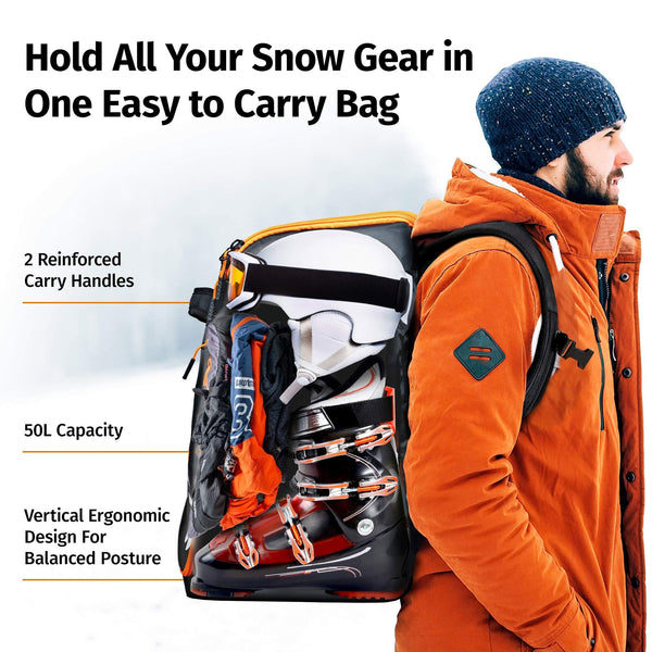 Ski Boot Bag Backpack 50L - Snowboard & Ski Boots, Helmet Travel Bag for Flying Air Travel - Ergonomic Skiing Gear Accessories (Gloves, Jacket, Goggles) Carrier Luggage with Adjustable Straps