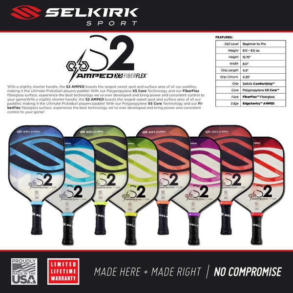 Selkirk Amped Pickleball Paddle - USAPA Approved - X5 Polypropylene Core - FiberFlex Fiberglass Face - 5 Sizes: Epic, S2, Omni, Maxima, and INVIKTA (S2 Midweight - Sapphire Blue) [product _type] Selkirk Sport - Ultra Pickleball - The Pickleball Paddle MegaStore