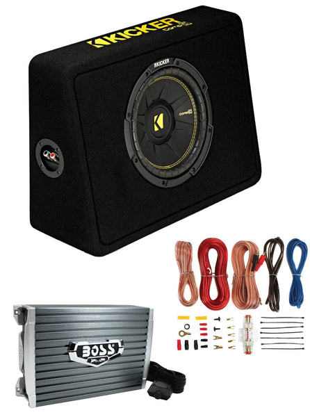 Kicker 44TCWC102 10" 600W Subwoofer Box+Boss AR1500M 1500W Mono Amp +Amp Kit