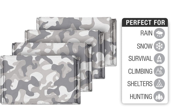 Swiss Safe Emergency Mylar Thermal Blankets (4-Pack) + Bonus Signature Gold Foil Space Blanket: Designed for NASA, Outdoors, Hiking, Survival, Marathons or First Aid (Arctic Camouflage)