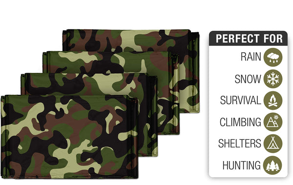 Swiss Safe Emergency Mylar Thermal Blankets (4-Pack) + Bonus Signature Gold Foil Space Blanket: Designed for NASA, Outdoors, Hiking, Survival, Marathons or First Aid (Woodland Camouflage)