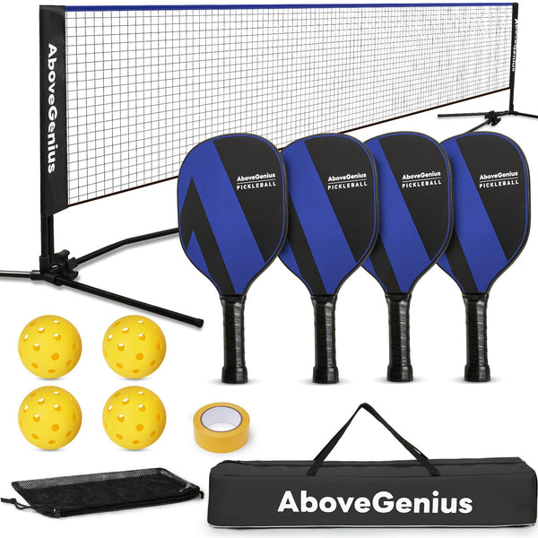 AboveGenius Pickleball Set with Net(17 FT), Pickleball Paddles Set of 1 2 3 4, Portable Pickleball Net for Outdoor Indoor Driveway, 4 Pickleball Balls, 1 Storage Bag, 1 Carry Bag, 1 Court Marker Blue
