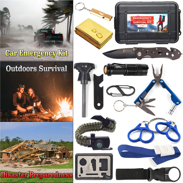 Survival Kit Tactical Camping Gear 14 in 1 Backpack Hiking Outdoor Gifts for Men and Women - Car Emergency EDC Tools - SOS Earthquake Kit Disaster Preparedness