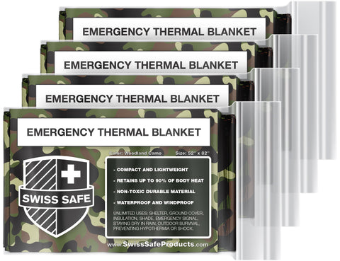 Swiss Safe Emergency Mylar Thermal Blankets (4-Pack) + Bonus Signature Gold Foil Space Blanket: Designed for NASA, Outdoors, Hiking, Survival, Marathons or First Aid (Woodland Camouflage)