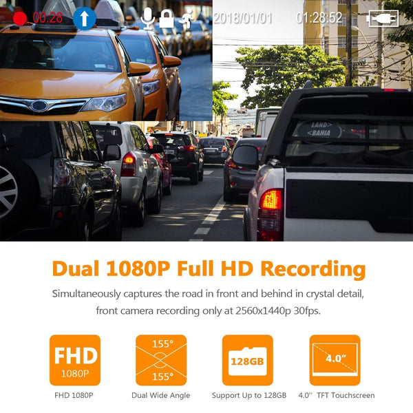 Z-Edge Dash Cam Front and Rear 4.0" Touch Screen Dual Dash Cam FHD 1080P with Night Mode, 32GB Card Included,155 Degree Wide Angle, WDR, G-Sensor, Loop Recording, Support 128GB Max