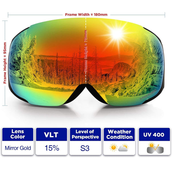 LEMEGO Ski Goggles Snowboard Goggles - Magnetic Frameless Interchangeable 100% UV400 Protection Dual Layers Anti-Fog Spherical Lens Anti-Slip Strap Helmet Compatible for Men & Women Youth (Red)