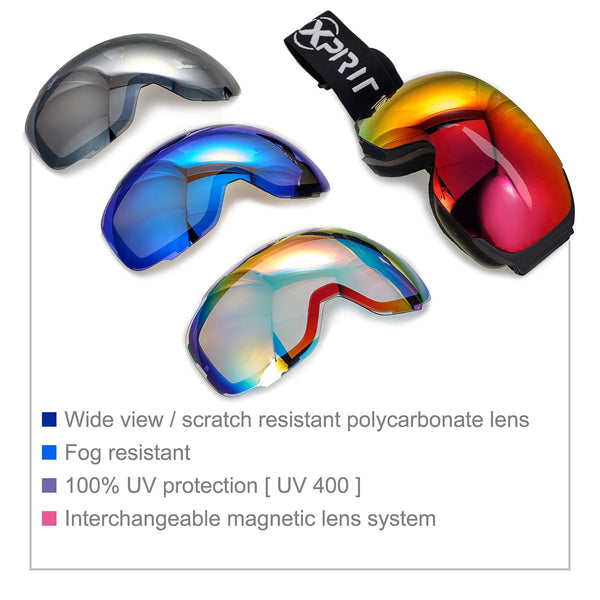 XPIRIT Ski & Snowboard Goggles Men & Women - 100% UV Protection, Anti-Fog & Anti-Scratch - Over-The-Glasses Design, Interchangeable Magnetic Dual Layers Lens - 2 Pairs of Lenses