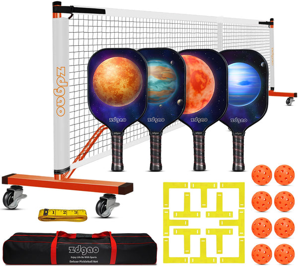 Pickleball Net with Wheels and Court Marking Kit, 22ft Regulation Size Pickleball Net Set with 4 Fiberglass Paddles, 8 Outdoor Pickle Balls and Carry Bag for Backyard and Driveway