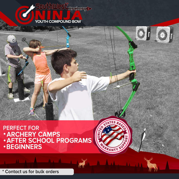 Southwest Archery Ninja Kids Youth Compound Bow Kit - Fully Adjustable 20-29" Draw 10-20LB Pull - 55% Let Off - Pre-Installed Arrow Rest - Finger Saver String - RH, Camo