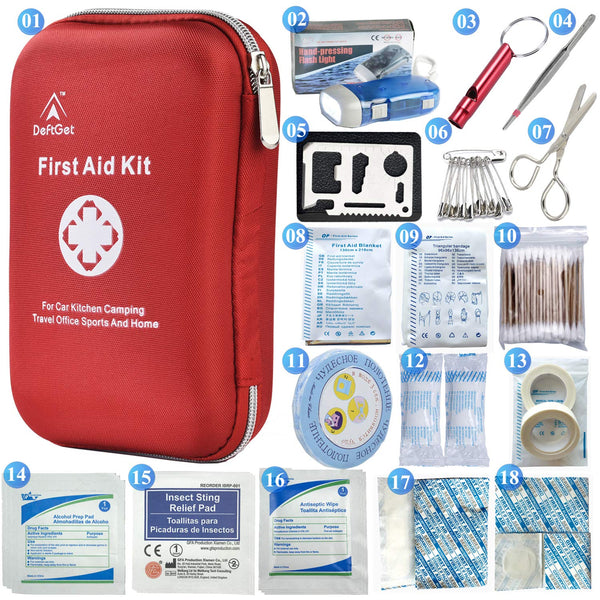 DeftGet First Aid Kit - 163 Piece Waterproof Portable Essential Injuries & Red Cross Medical Emergency Equipment Kits : for Car Kitchen Camping Travel Office Sports and Home