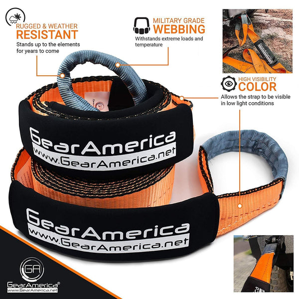 GearAmerica (Bundle) Tow Strap 3" x20' + Tree Saver Winch Strap 3" x8' | Heavy Duty 35,000 LBS (17.5 T) Strength | Off-Road Towing and Recovery | Tipple Reinforced Loops + Protective Sleeves (2PK)