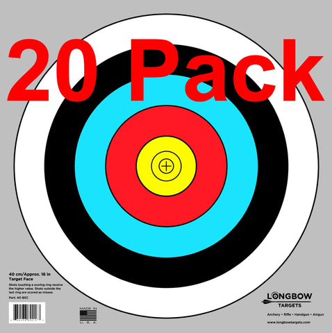 Archery 40cm & 80cm Targets by Longbow (20 Pack, 40cm/Approx 17" (5 Ring))