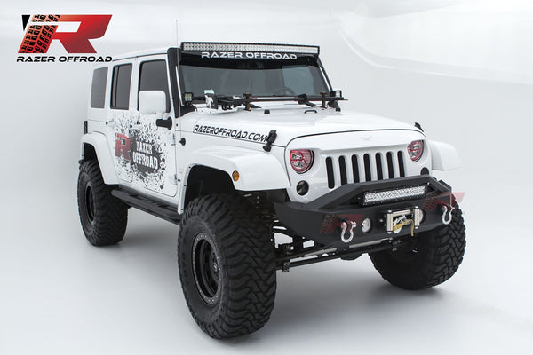 Razer Auto Black Textured Rock Crawler Stubby Front Bumper with OE Fog Light Hole, 2x D-Ring and Built-In 22" LED Light bar mount & Winch Mount Plate (Black) for 07-18 Jeep Wrangler JK