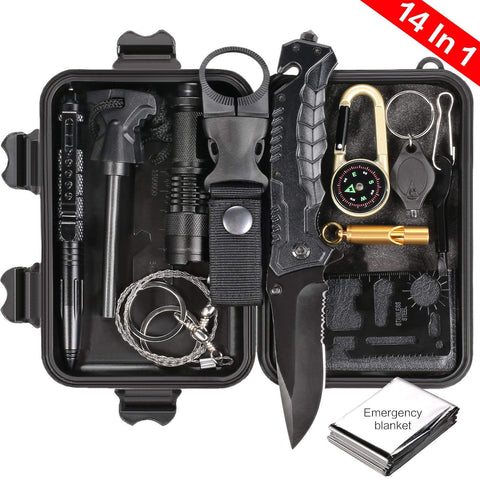 Puhibuox Emergency Survival Kit, 14 in 1 Survival Gear Kit Gift for Men Him, Tactical Defense Equitment Tool for Camping, Hiking, Hunting, Adventure Accessories