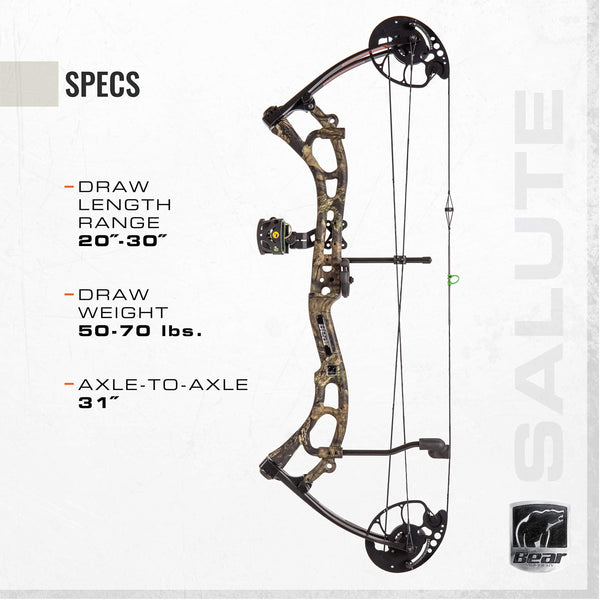 Bear Archery Salute Ready to Hunt Compound Bow Includes Trophy Ridge Sight, Whisker Biscuit, Peep Sight, and S-Loop