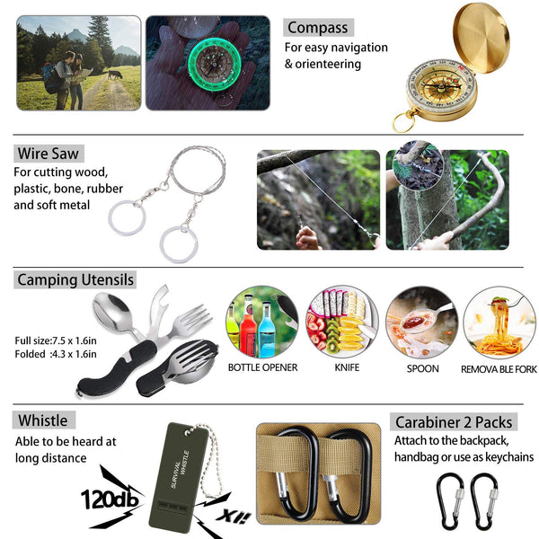 Emergency Survival Kit 47 in 1 Professional Survival Gear Tool First Aid Kit SOS Emergency Tactical Flashlight Knife Pliers Pen Blanket Bracelets Compass with Molle Pouch for Camping Adventures