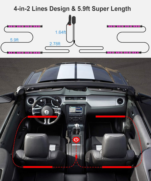Interior Car Lights, Govee Car LED Strip Light Upgrade Two-Line Design Waterproof 4pcs 48 LED APP Controller Lighting Kits, Multi DIY Color Music Under Dash Car Lighting with Car Charger, DC 12V