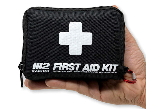 M2 BASICS 150 Piece First Aid Kit w/Compact Bag, Carabiner, Emergency Blanket | Free First Aid Guide | Emergency Medical Supply | Full of Supplies for Home, Office, Outdoors, Car, Camping, Travel
