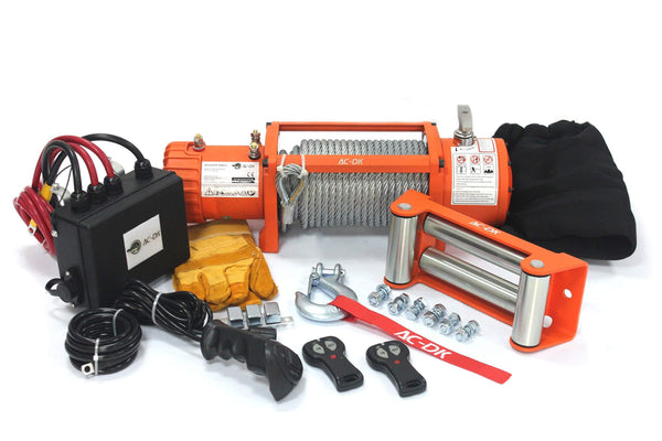 AC-DK 13500 lbs Electric Winch 12V DC Water Proof IP67 Recovery Winch with Steel Wire Rope Orange Color Come with Overload Protection Winch Dust Cover and 2 Wireless Remotes