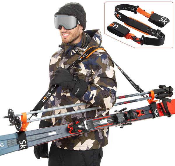 Sklon Ski Strap and Pole Carrier | Avoid The Struggle and Effortlessly Transport Your Ski Gear Everywhere You Go | Features Cushioned Shoulder Sling | Great for Families - Men, Women and Kids - Orange