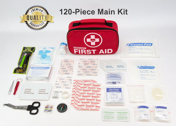 Swiss Safe 2-in-1 First Aid Kit (120 Piece) + Bonus 32-Piece Mini First Aid Kit: Compact, Lightweight for Emergencies at Home, Outdoors, Car, Camping, Workplace, Hiking & Survival