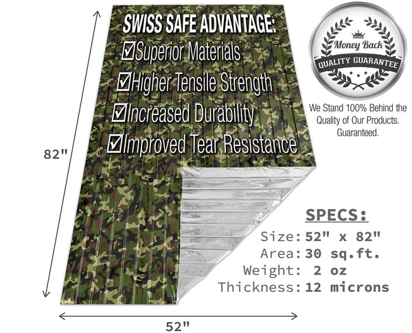 Swiss Safe Emergency Mylar Thermal Blankets (4-Pack) + Bonus Signature Gold Foil Space Blanket: Designed for NASA, Outdoors, Hiking, Survival, Marathons or First Aid (Woodland Camouflage)