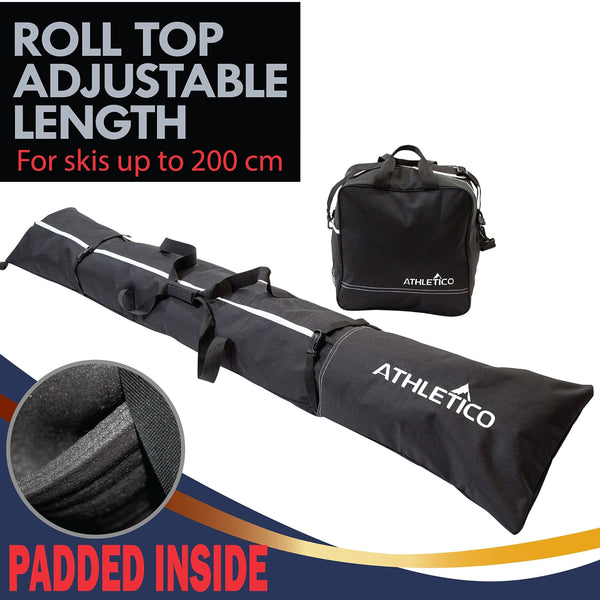Athletico Padded Ski Bag Combo - Ski Bag & Separate Ski Boot Bag - Store & Transport Skis Up to 200 cm and Boots Up to Size 13 - Padded to Protect All Your Ski Gear and Equipment for Travel (Black)