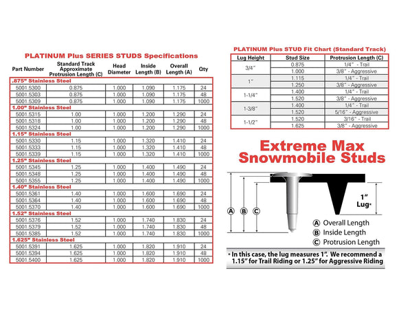 Extreme Max 5001.5364 Stainless Steel Platinum Plus Snowmobile Studs - 1.400" Length, Pack of 48