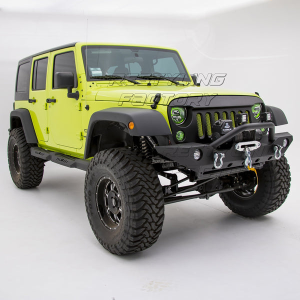 Restyling Factory -Black Textured Front Bumper With Fog Lights Hole & 2x D-Ring & Winch Plate for 07-17 Jeep Wrangler JK