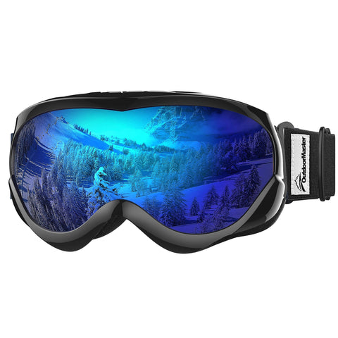 OutdoorMaster Kids Ski Goggles - Helmet Compatible Snow Goggles for Boys & Girls with 100% UV Protection (Black Frame + VLT 15% Grey Lens with Full REVO Blue)