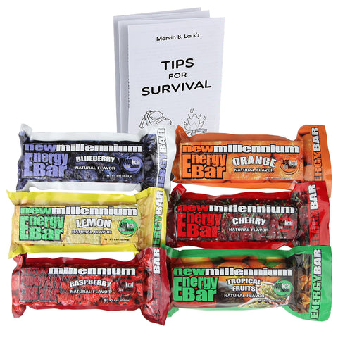 S.O.S. Food Labs Millennium Assorted Energy Bars (6 Count) - Long Shelf Life Fruit Flavored Bar Bundle - Survival Pack for Calamity, Disaster, Hiking and Meal Replacement - with Emergency Guide