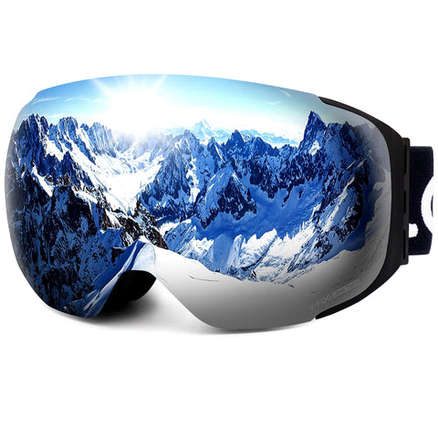 LEMEGO Ski Goggles PRO 90S Super Anti-Fog Ski Snowboard Interchangeable Lens 100% UV400 Protection Snow Goggles Anti-Slip Strap for Men&Women Silver（VLT 14.2%）