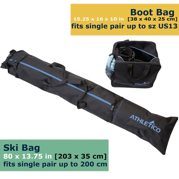 Athletico Two-Piece Ski and Boot Bag Combo | Store & Transport Skis Up to 200 cm and Boots Up to Size 13 | Includes 1 Ski Bag & 1 Ski Boot Bag (Black with Blue Trim)
